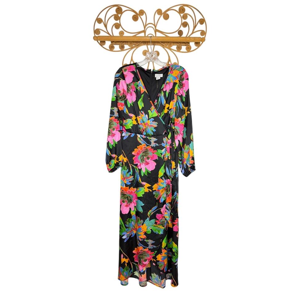 Nicole Miller Satin Black floral dress 6 midi wrap